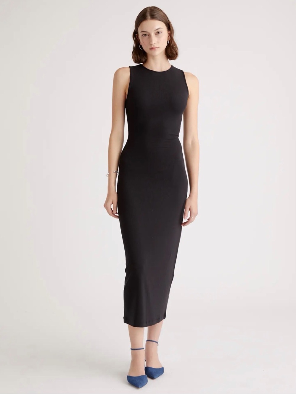 Quince Tencel Rib Knit Sleeveless Dress Black Small Bodycon Stretch Minimal